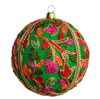 Devaki Bauble – 10cm bright green fabric ornament with chain-stitched leaf embroidery and gold braid, handmade in the UK.