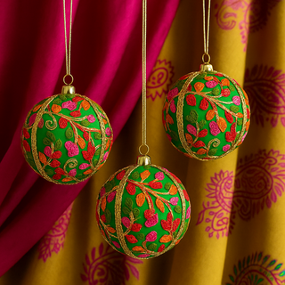 A single Devaki Bauble resting on rich green satin, showcasing vibrant multicoloured floral embroidery in pink, orange and red, with detailed gold stitching on a bright green base.