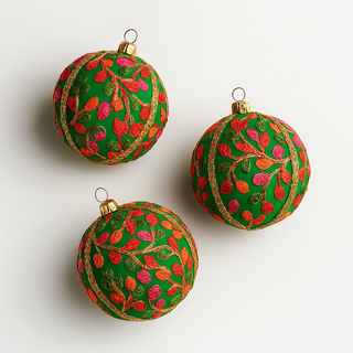Three green Devaki Christmas ornaments with red and gold patterns on a white background