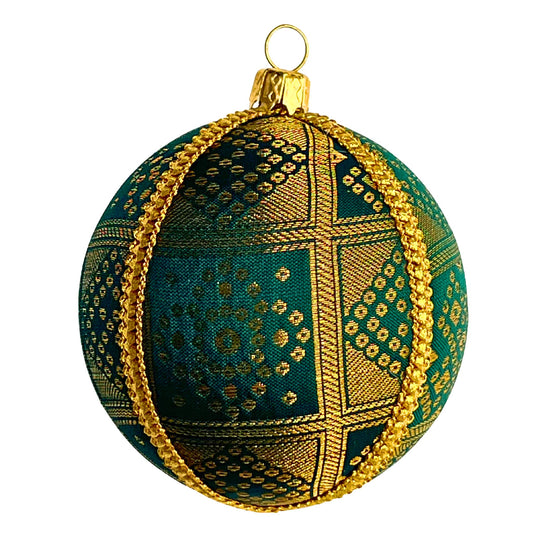 Diya Bauble – 8cm emerald fabric ornament with gold Bandhani pattern and gold braid, handmade in the UK.