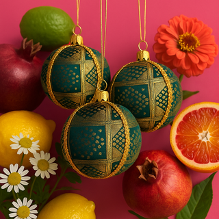 Diya Baubles hanging in front of a vibrant pink backdrop surrounded by citrus fruit, flowers and pomegranates — fun, festive, and full of joy.