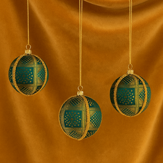 Set of three Diya Baubles hanging against mustard velvet fabric, showcasing their teal and gold detail in a modern, bold colour pop scene.