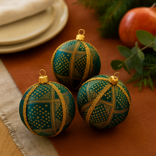 Three Diya Baubles resting on a rich ochre table setting with soft linen, fruit, and natural textures for a festive, boho-luxe look.