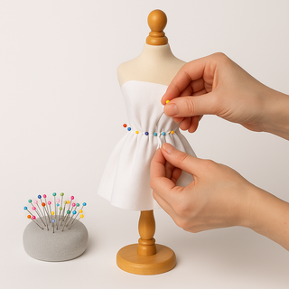 Close-up of a child’s hand pinning fabric onto a Mashquin mannequin using a white pearl dressmaking pin — safe, precise and easy to handle.