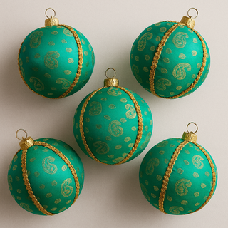 Five green Christmas ornaments with gold patterns on a beige background. Tarla Bauble – 8cm handmade fabric ornament in turquoise and gold paisley brocade, luxury sustainable décor. Handcrafted Tarla Bauble in turquoise brocade with shimmering gold paisley motifs, UK-made.