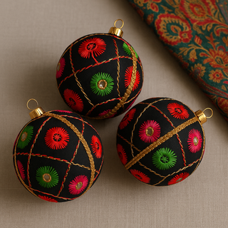 Three black Kalyani embroidered ornaments with colourful patterns on a textured surface.