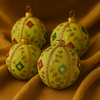 Four green baubles with mirror embroidery and gold trim arranged on rich ochre velvet fabric in a luxurious flat lay.