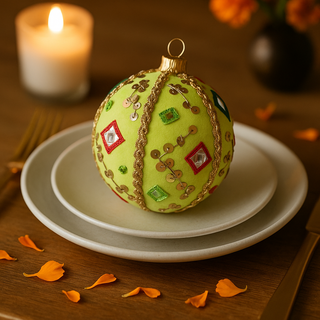 Single embroidered green bauble with gold trim placed on a ceramic plate, styled with gold cutlery, marigold petals, and candlelight on a festive table.