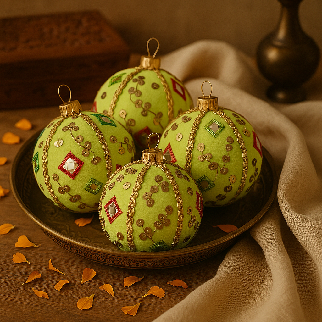 Four green velvet baubles with mirror and sequin embellishment styled in a brass tray with marigold petals and soft draped linen in a warm Indian-inspired setting.
