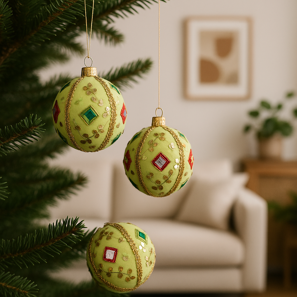 Three green velvet baubles with gold trim, mirrors, and sequins hanging from a Christmas tree with natural string, surrounded by soft fairy lights and deep green branches.