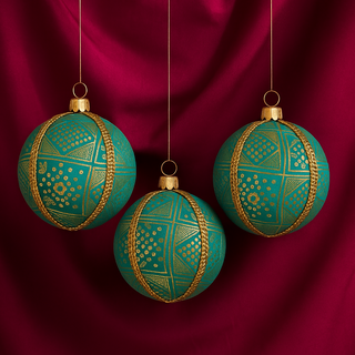 Three Hem Baubles in 8cm hang against a rich pink velvet drape, showcasing turquoise blue fabric with golden bandhani-inspired embroidery and gold trim.