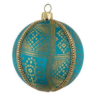 The Hem Bauble in 8cm features vibrant turquoise fabric with golden bandhani-style embroidery and gold trim, handcrafted with a modern artisan touch.
