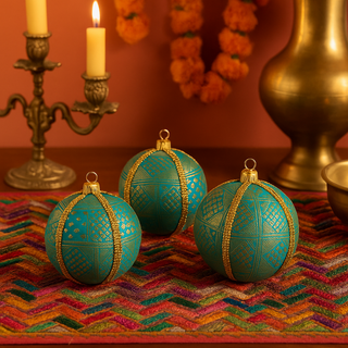 Three Hem Baubles in 8cm rest in a brass tray with marigold accents on a rustic surface, showing off their golden embroidery and artisan-crafted detail.