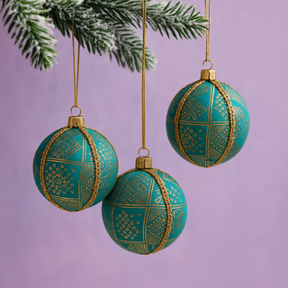 Trio of Hem Baubles in 8cm hang naturally on a festive green tree, highlighting their bold turquoise colour and intricate gold geometric pattern.