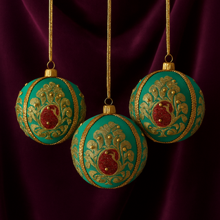 Three Himesh Baubles in 10cm hang from gold thread against a rich plum velvet backdrop, showcasing teal fabric with ornate red paisley and gold embroidery.
