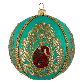 Close-up of the Himesh Bauble in 10cm, crafted from teal fabric with gold zari-style embroidery, a red paisley centre, and gold trim with bead embellishments.