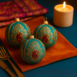 A vibrant tablescape featuring three Himesh Baubles in 10cm, styled with rich teal and saffron fabrics, brass decor, and bold textile layering — no plates, just bold colour.