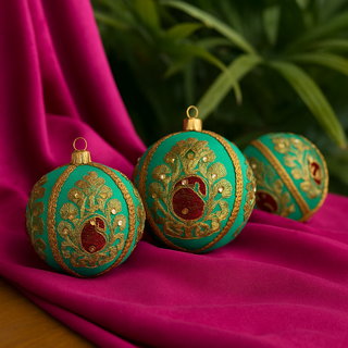 Himesh Bauble – 10cm teal fabric ornament with central red paisley, gold embroidery, sequins, and gold cord trim, handmade in the UK.