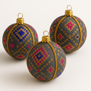 Cluster of Chirag Baubles – 8cm handmade grey fabric ornaments with gold embroidery and colourful accents, UK-made.
