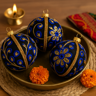 Three Ishana Baubles in 8cm arranged in a brass bowl with orange marigolds, a diya, and a woven mat, capturing a modern Indian-inspired styling moment.