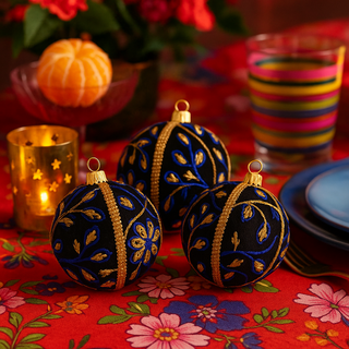 A festive table setting featuring three Ishana Baubles in 8cm with gold and cobalt floral embroidery, styled with patterned textiles, gold candle holders, and bright glassware.