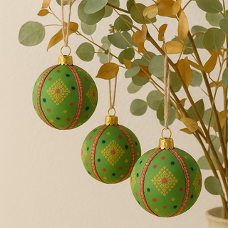 Jaya Bauble – 8cm green brocade ornament with gold diamond motifs, pink, navy and yellow accents, finished with pink-gold braid, handmade in the UK.