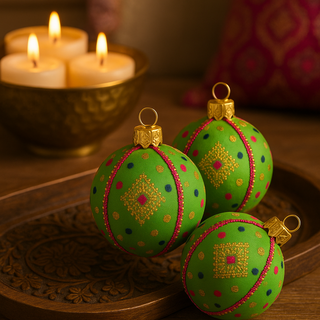 Three Jaya Baubles on a carved wooden tray with a glowing brass candle bowl, styled in a warm, subtly Indian home setting.