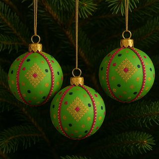 Set of Jaya Baubles hanging from a lush green tree branch, adding a joyful and bright pop of colour to a natural festive scene.