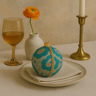 Johar Baubles placed on a refined tablescape with linen, brass candlestick, ceramic plate, and warm coral-toned background for a premium, festive look