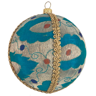 Single Johar Bauble isolated on a white background, highlighting its turquoise fabric with gold trim and intricate brocade-style detailing