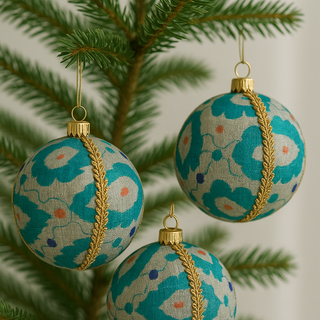 Three Johar Baubles hanging on a Christmas tree, styled in a natural cluster with vibrant teal and gold textures against soft green needles.