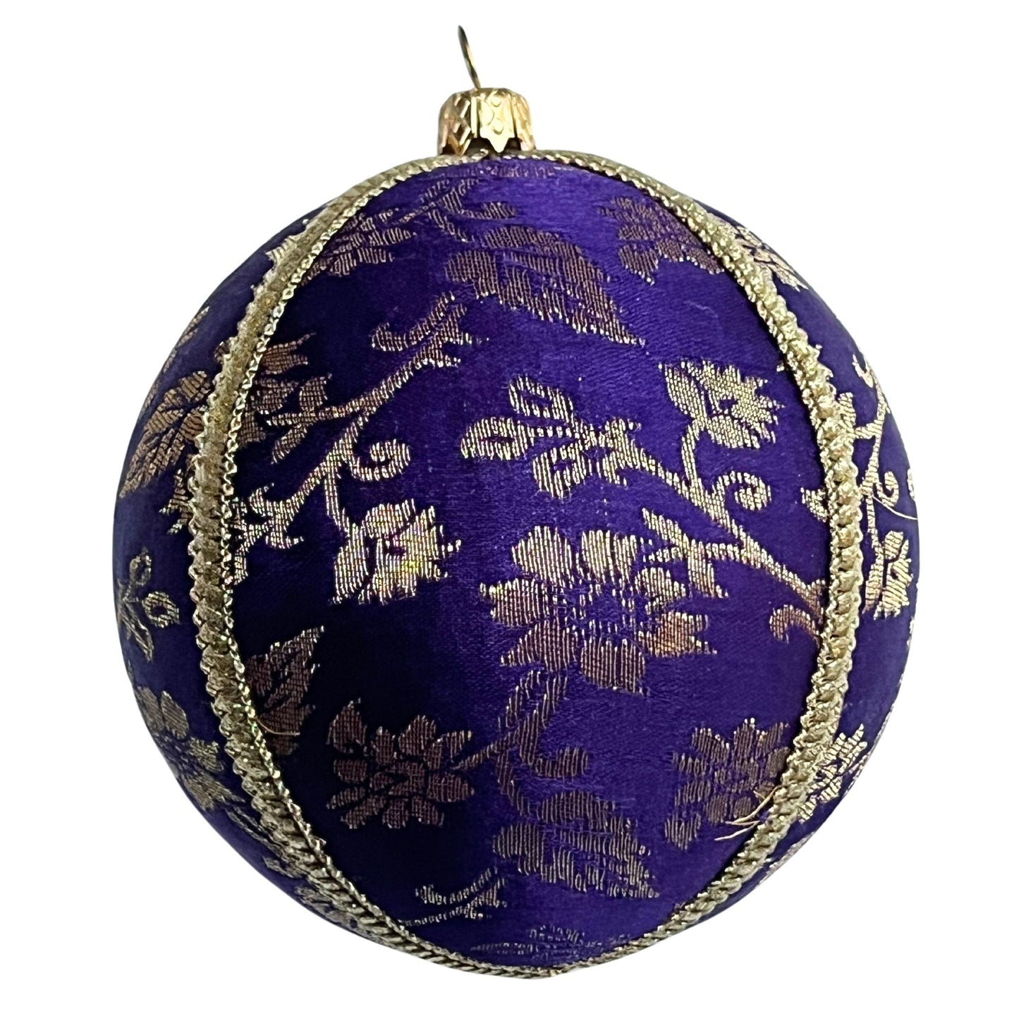 Kaasni Bauble – 8cm royal purple brocade ornament with gold floral motifs and gold braid, handmade in the UK.