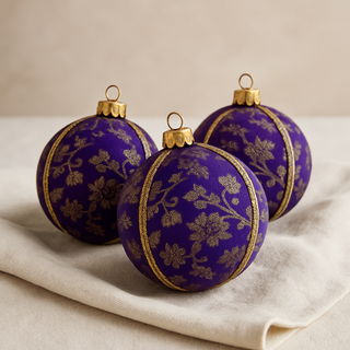 Close-up of Kaasni Bauble showing gold floral brocade texture and braid trim.
