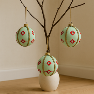 Close-up of Kalinda Bauble showing embroidered red diamonds with mirrors and thread accents.