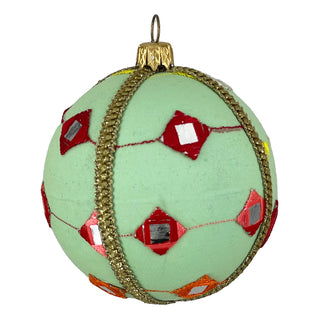 Kalinda Bauble – 8cm & 10cm mint green fabric ornament with red mirrorwork, embroidery, and gold trim