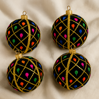 Kamiya Bauble – 8cm & 10cm ornament with gold sequin grid and multicoloured embroidery, handmade in the UK.