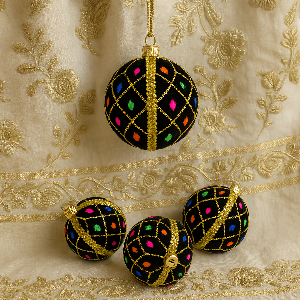 Close-up of Kamiya Bauble showing gold lattice with neon pink, orange, green, and blue embroidery.