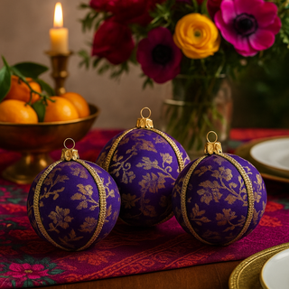 Three Kansi Baubles styled on a floral table runner with rich colours, showcasing their deep purple velvet and gold floral embroidery.