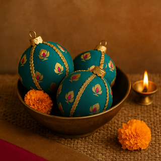 Trio of Khush Baubles resting in a brass bowl with a lit diya and marigold flowers on a jute surface, capturing subtle Indian accents with soft, earthy tones.