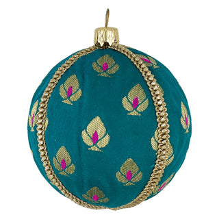 Close-up of the Khush Bauble in 8cm, featuring teal fabric with gold and pink lotus motifs, finished with gold braid trim and photographed on a clean white background.