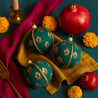 A colourful, luxurious table setting with three Khush Baubles on mustard and magenta textiles, surrounded by pomegranate, marigolds and candlelight for a festive look.