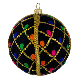 Close-up of the Kimaya Bauble in 8cm, made with black velvet, colourful embroidery and gold sequin lattice, photographed on a clean white background.