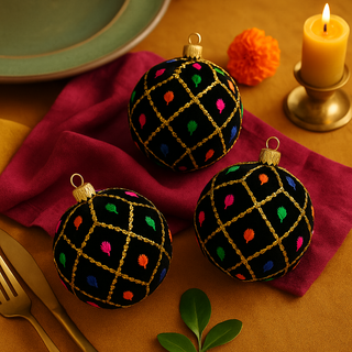 A lively tablescape featuring three 8cm Kimaya Baubles styled on a gold and magenta setting with marigolds, candlelight and gold cutlery, blending colour and luxury.