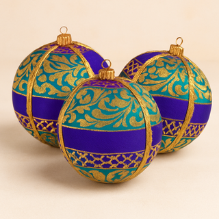 Krisha Bauble – 8cm & 10cm teal and purple brocade ornament with gold motifs and twisted braid trim, handmade in the UK.
