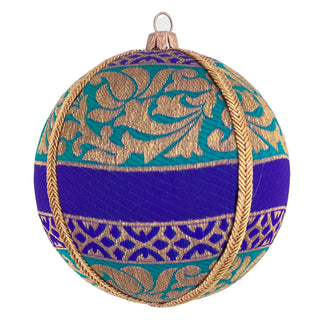 Close-up of the Krisha Bauble in 8cm, featuring teal and deep purple fabric with intricate gold brocade and gold twist trim, photographed on a clean white background.