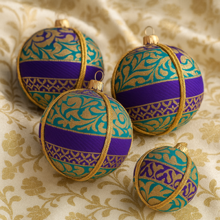 Close-up of Krisha Bauble showing gold woven motifs on teal and purple brocade fabric.