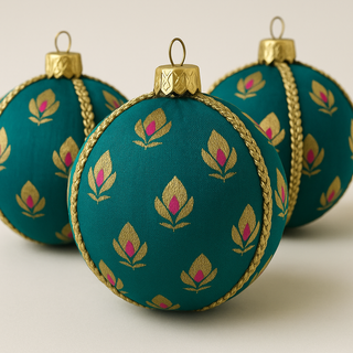 Close-up of Kush Bauble showing gold lotus motifs with pink detailing on teal fabric.
