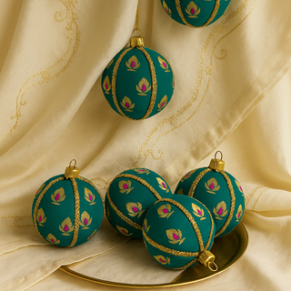 Set of Kush Baubles in teal with gold braid and lotus motifs, handmade fabric ornaments.