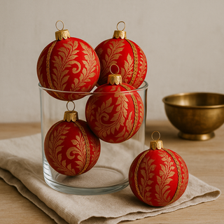 Laksh Bauble – 8cm & 10cm red and gold brocade ornament with ornate motifs and gold braid trim, handmade in the UK.