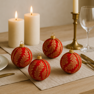 Close-up of Laksh Bauble showing detailed gold floral scrollwork on red fabric.